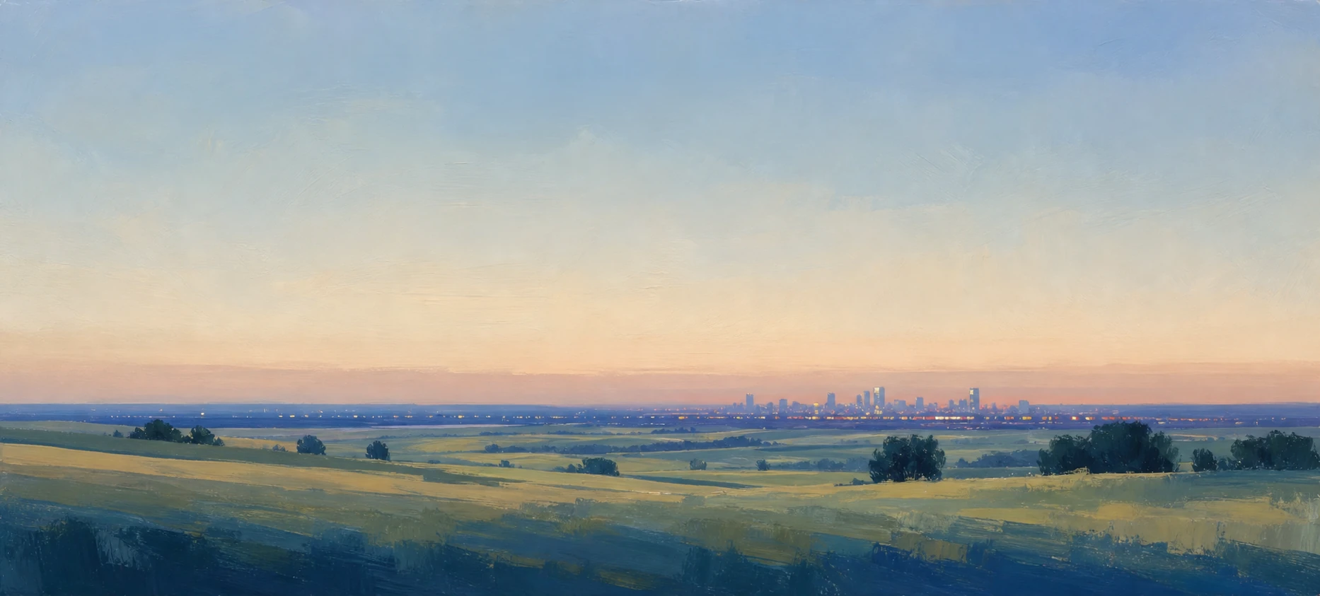 A painted landscape at dusk, looking toward a city on the horizon