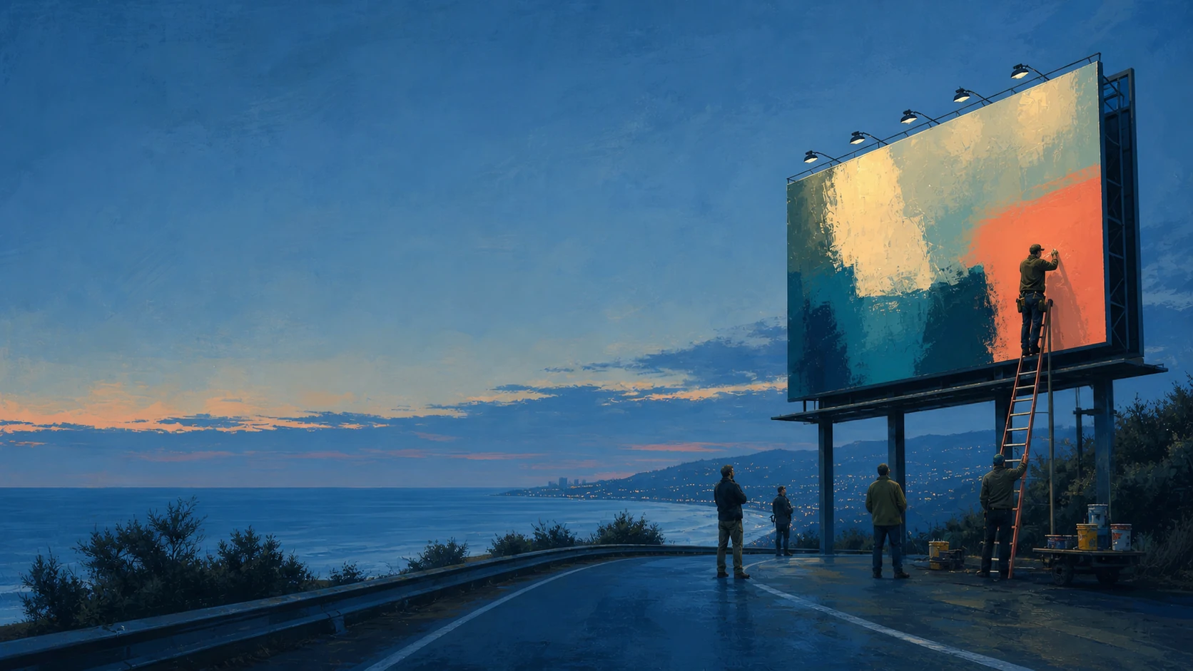 A painted coastal campaign scene with a billboard taking shape