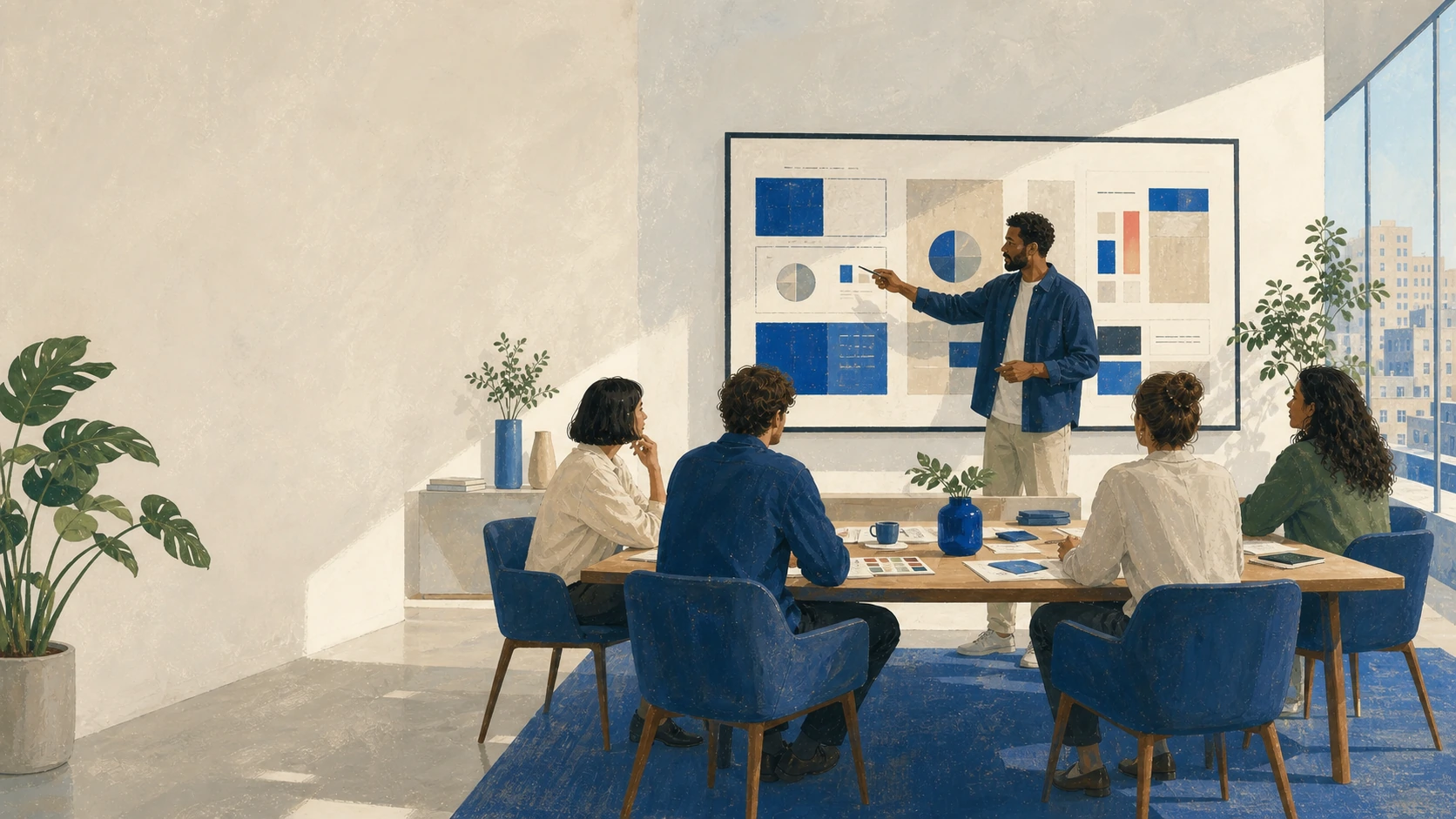 A painted modern marketing team collaborating during an office presentation