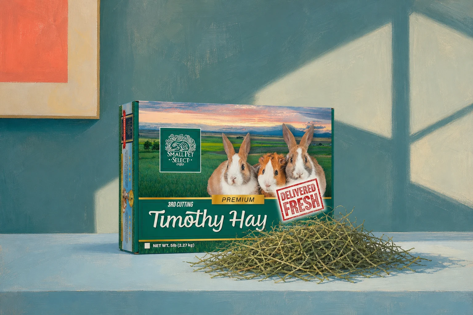Small Pet Select Timothy Hay shown as a restrained contemporary painting