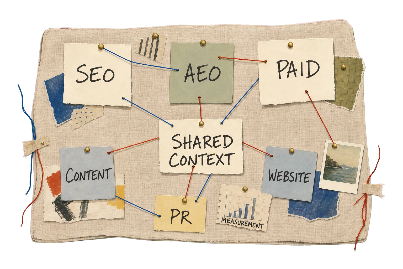 A painted pinboard connecting SEO, AEO, paid media, content, website, PR and measurement